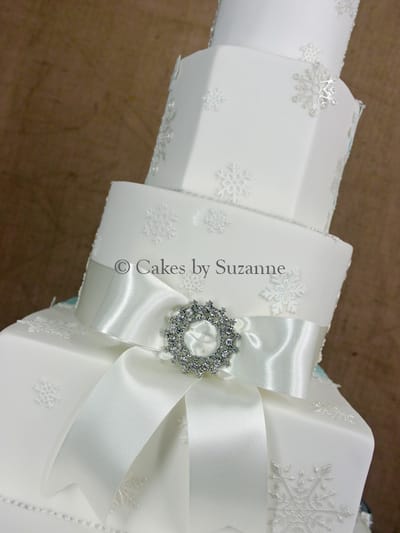 our tier dual theme wedding cake front snowflake winter wonderland back lorry bride groom