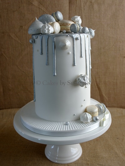 25th wedding anniversary cake double height silver macarons meringues