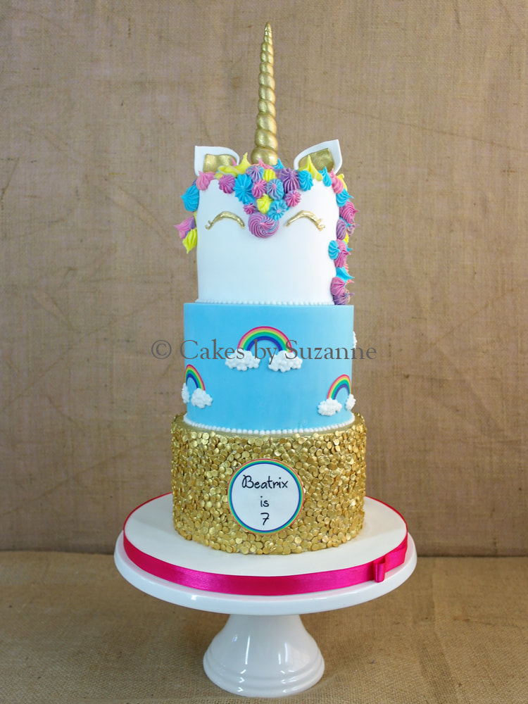 Unicorn rainbows three tier round birthday cake