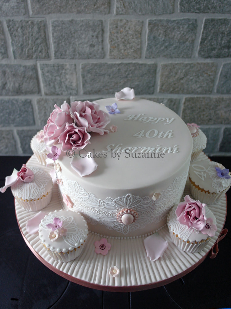 vintage 40th birthday cake and matching cupcakes with lace, brooch, dusky pink roses