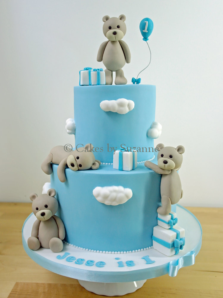 teddy bear birthday cake presents blue clouds