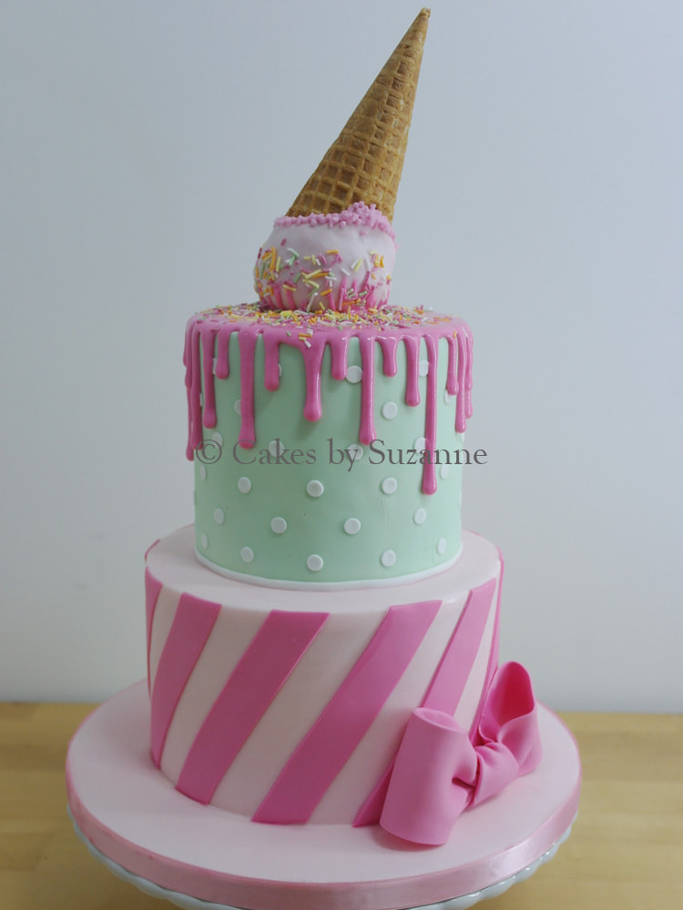 Ice cream cone drip two tier round birthday cake