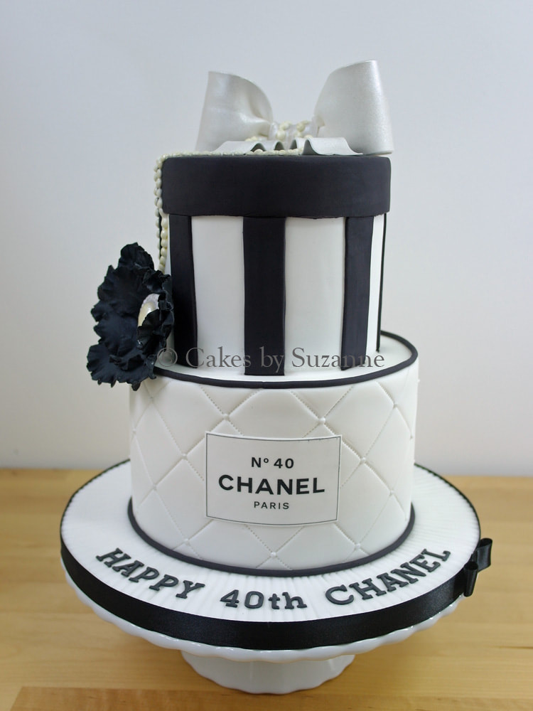 40th birthday cake two tier round Chanel hatbox bow quilted