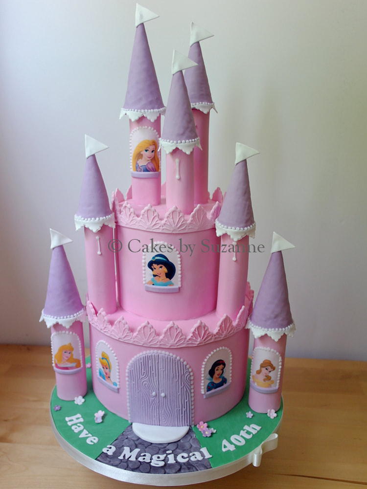 pink and lilac princess castle birthday cake