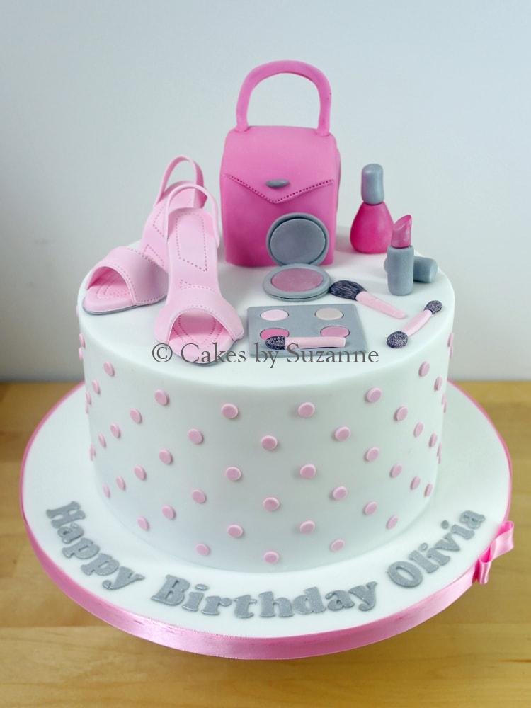 round birthday cake polka dots pink sandals bag makeup