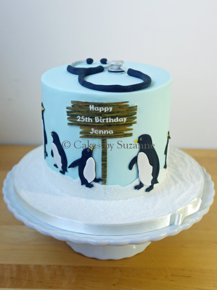 round birthday cake penguins stethoscope doctor