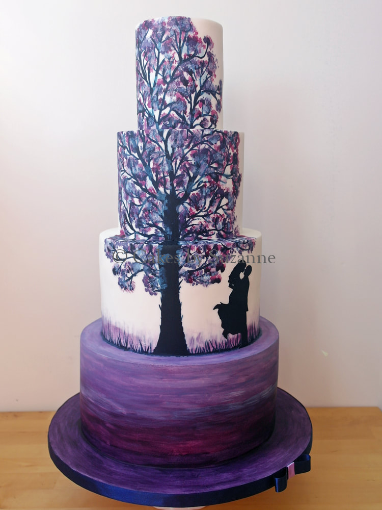 four tier painted tree couple purple round wedding cake