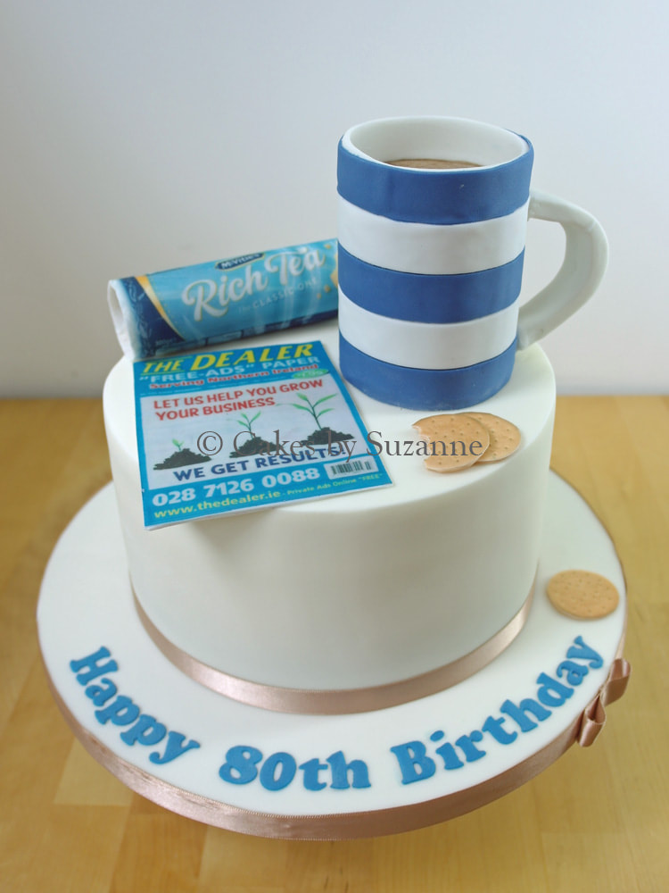 mug of tea, The Dealer free ads paper and rich tea biscuits 80th birthday cake