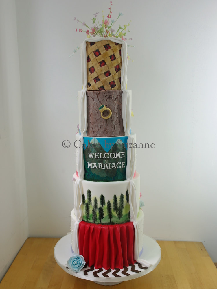 five tier round stacked dual theme wedding cake back with Twin Peaks theme
