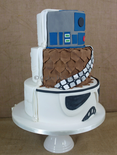 three tier round wedding cake front traditional back Star Wars R2D2 Chewbacca Storm Trooper