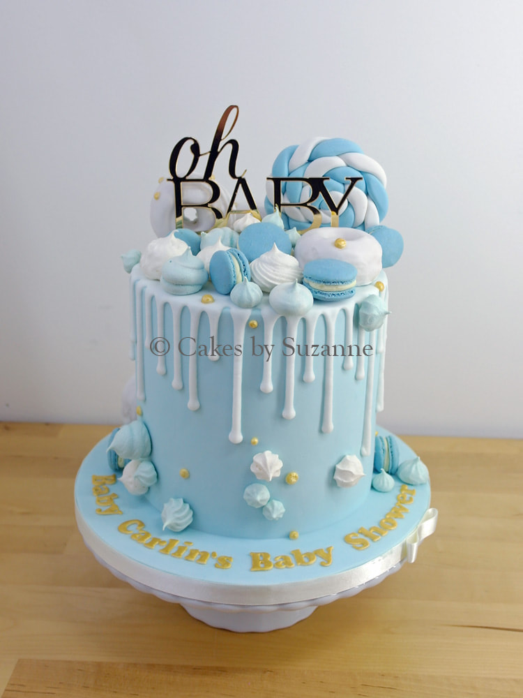baby shower cake blue boy drip meringues macarons