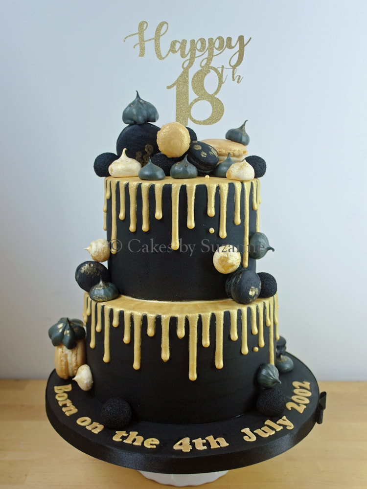 18th birthday cake round black gold drip macarons meringues