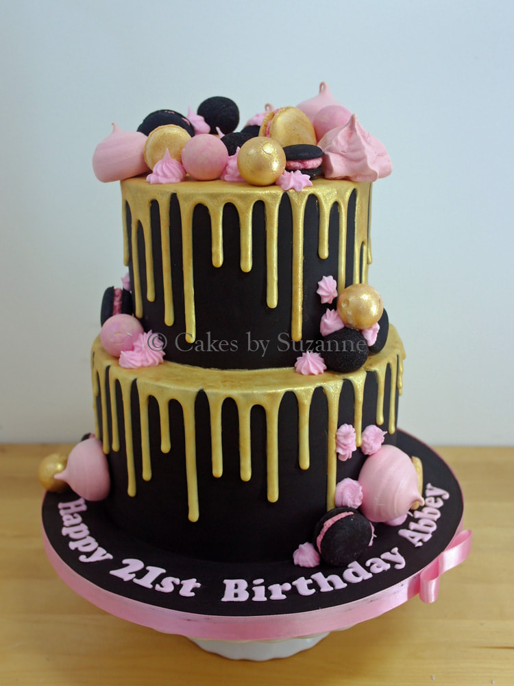 21st birthday cake pink black gold drip meringues macarons