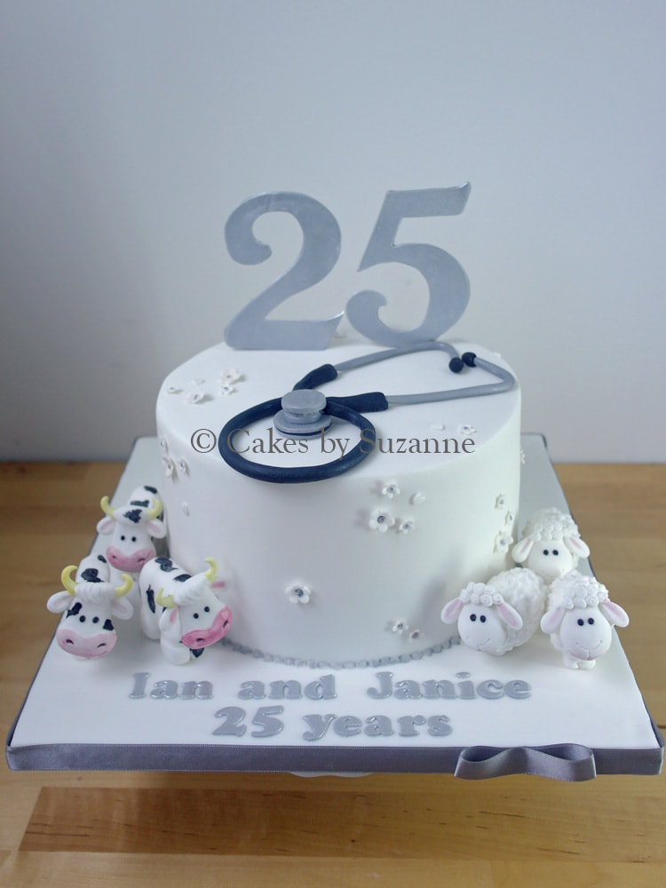 25th wedding anniversary cake silver animals cows sheep doctor stethoscope