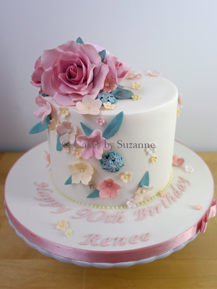 90th birthday cake with dusky pink rose and blossoms