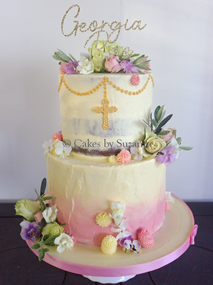 Christening Holy Communion buttercream two tier round cake fresh flowers pink