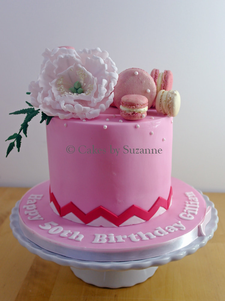 50th birthday pink round cake peony macarons