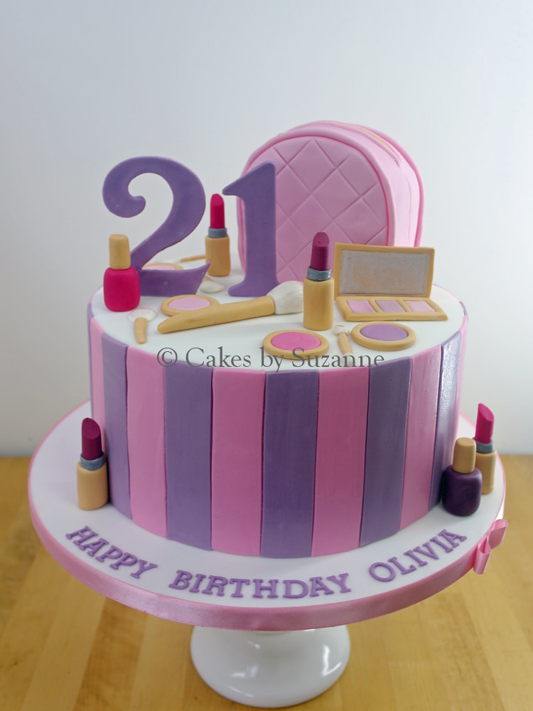21st round birthday cake pink lilac stripes makeup 