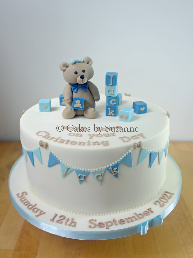 Christening cake blue beige bear blocks bunting