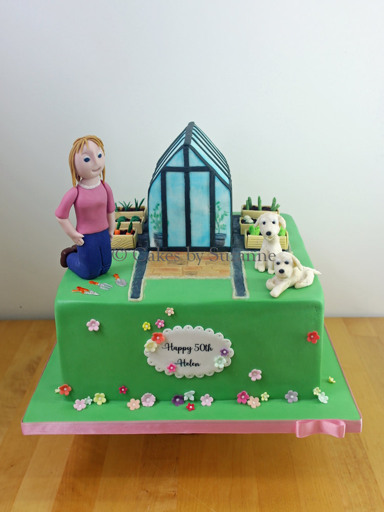 50th birthday square cake gardening greenhouse planters dogs labradors