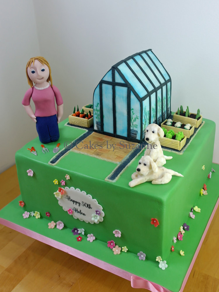 50th birthday square cake gardening vegetables flowers greenhouse planters dogs labradors