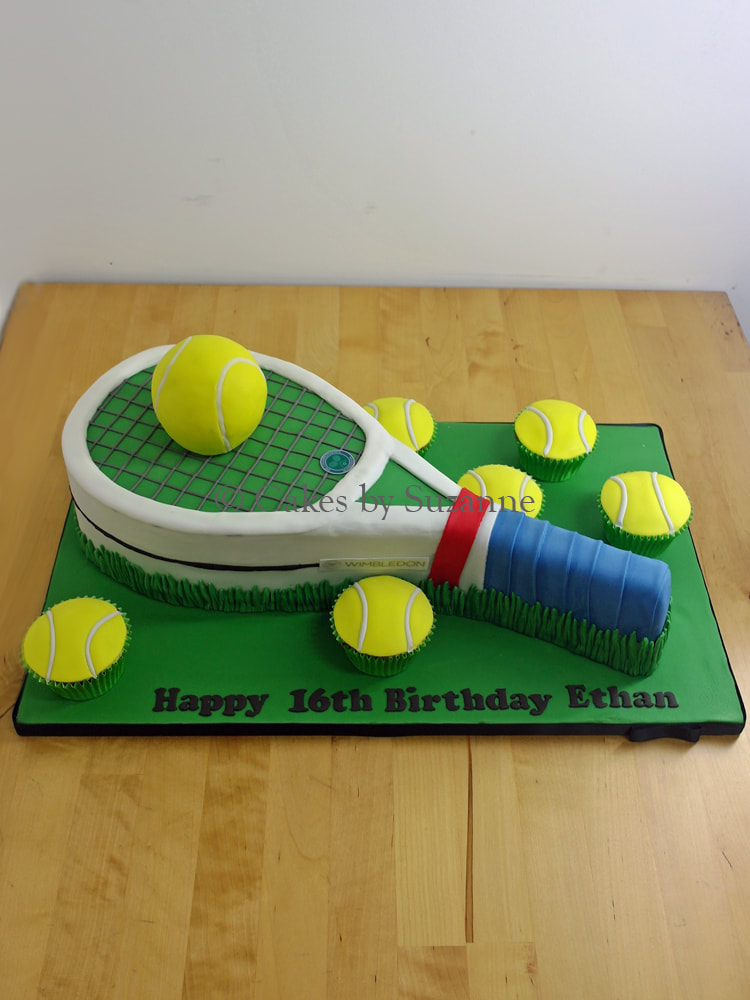 tennis racquet cake with tennis ball cupcakes