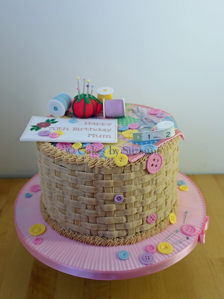 sewing basket themed cake with edible spools, pincushion, quilting, scissors, buttons and tape measure