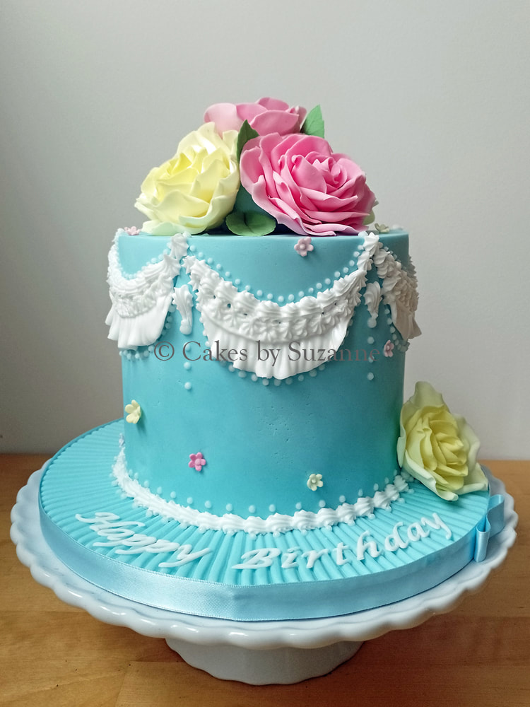 vintage style piped birthday cake with sugar roses